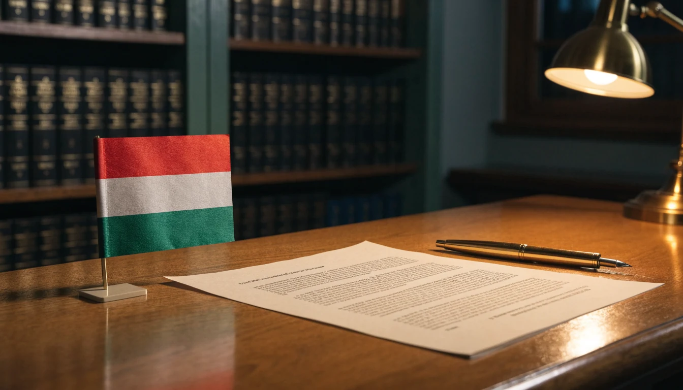 Íróasztal jogi dokumentummal és magyar zászlóval