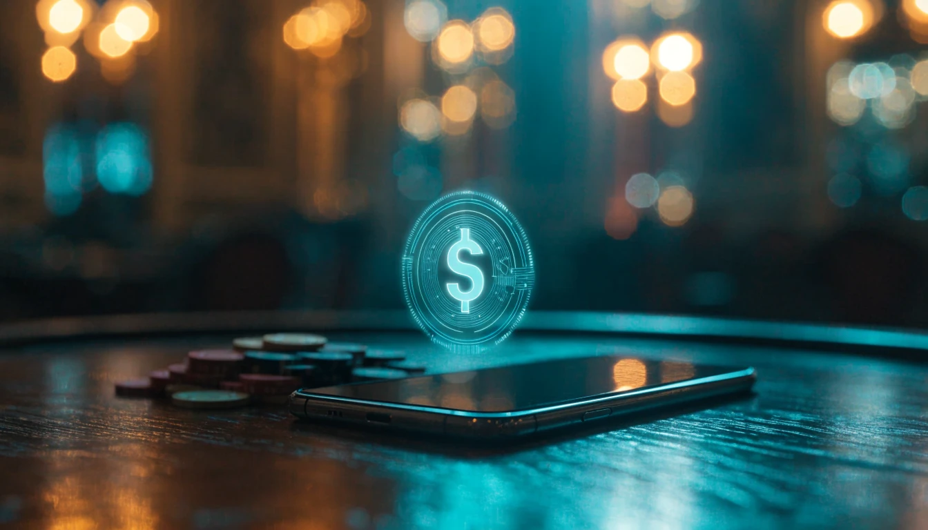 USDT érme és okostelefon egy kaszinóasztalon, magyar kaszinó hangulat